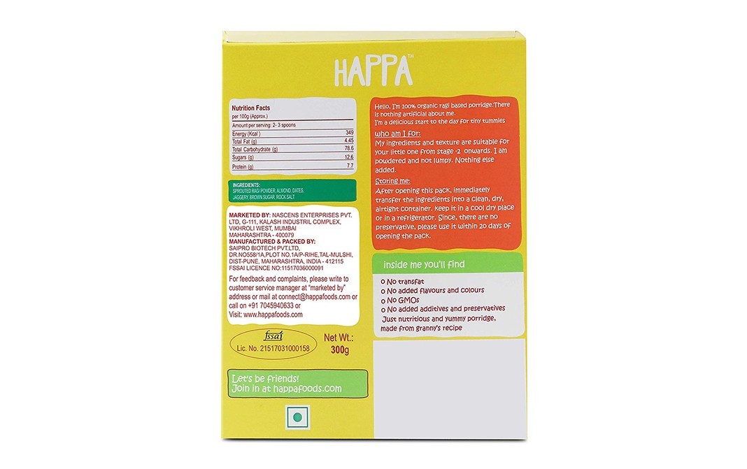 Happa Sprouted Ragi, Almonds +Dates Porridge Mix   Box  300 grams